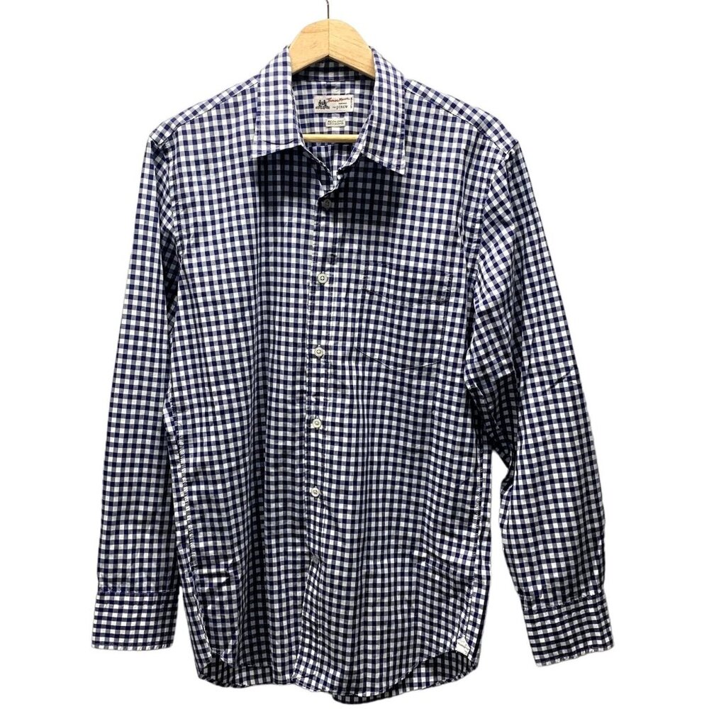 J Crew by Thomas Mason Shirt Mens M 15 x 15.5 Navy White Gingham Long Sleeves